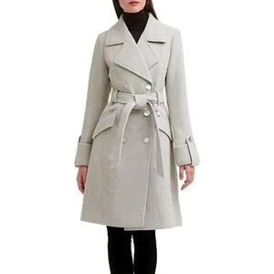 Guess Women's Gray Double-Breasted Belted Wool Blend Walker Pea Coat Size M NWT